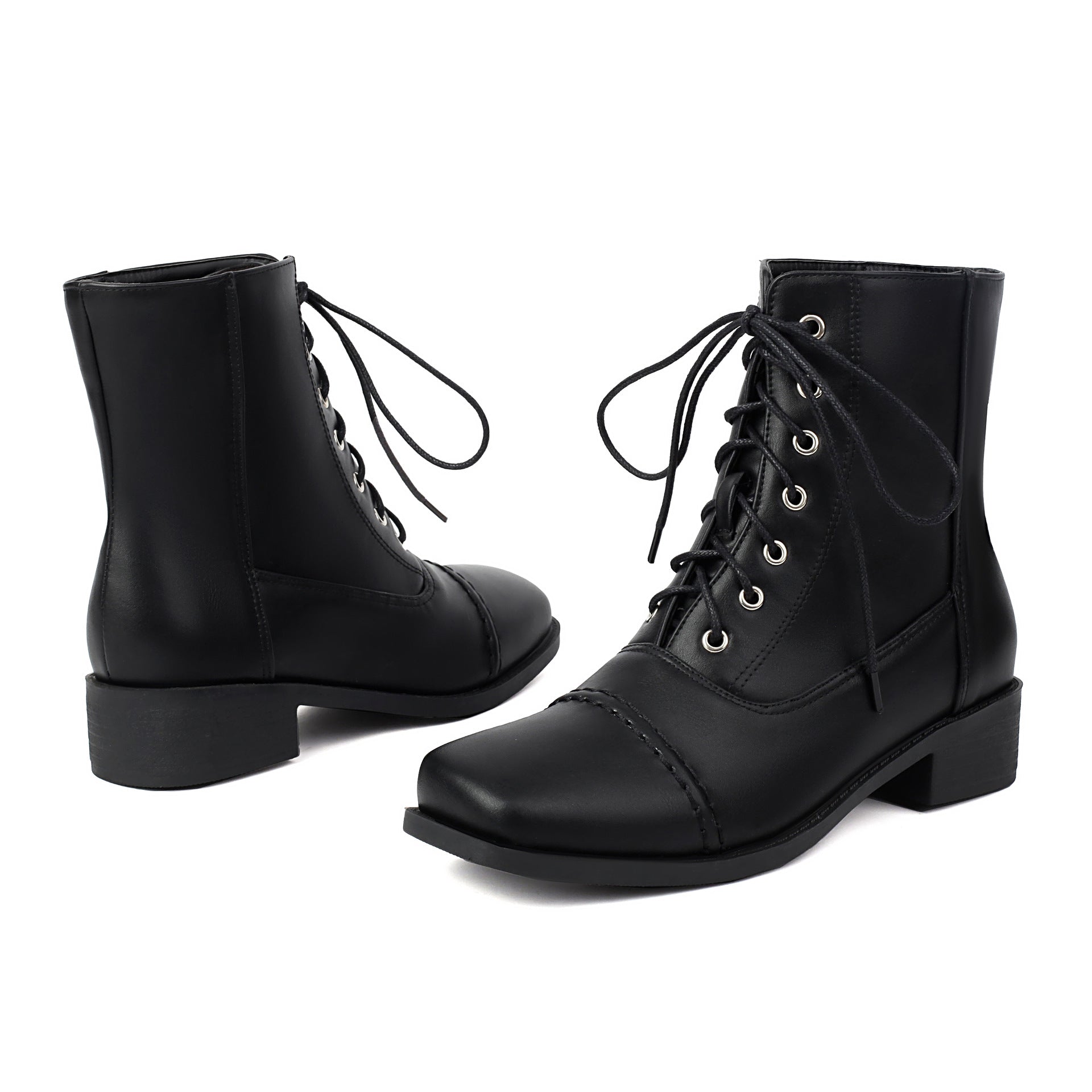 Sarah Express Women's Lace-Up Square-Toe Motorcycle Boots Black