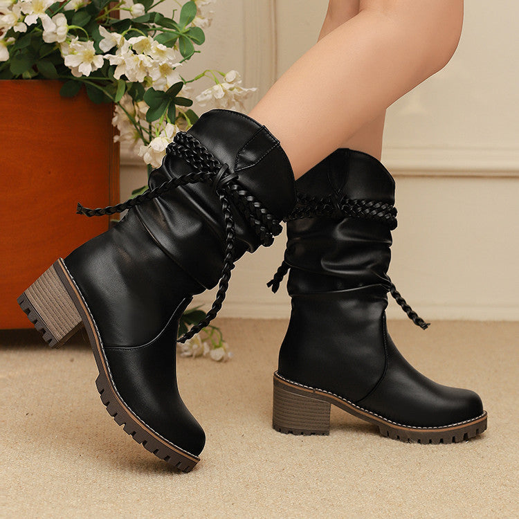 Sarah Express Knitted Strap Mid-Calf Chunky Heel Boots Black
