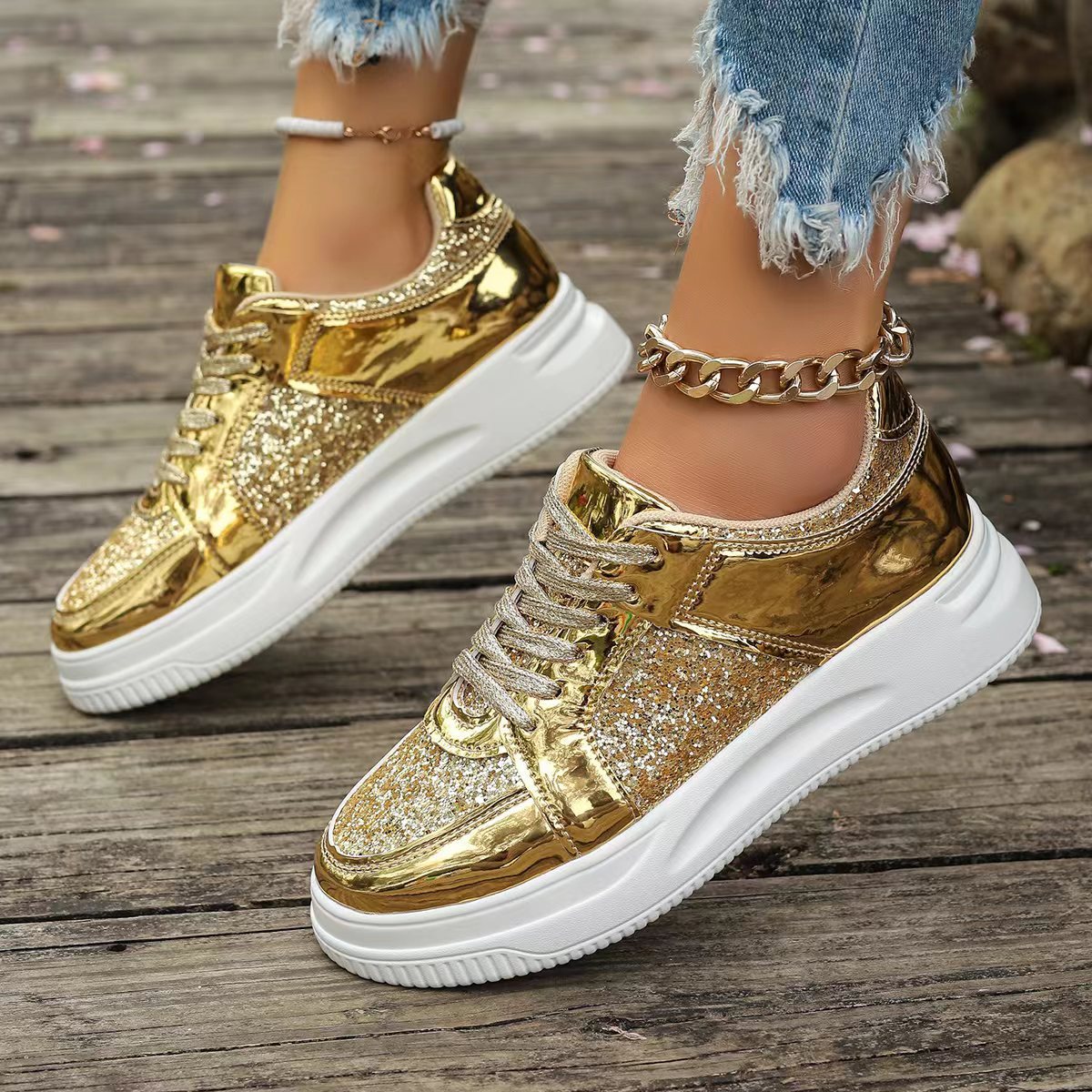 Sarah Express Women's Sequin Lace-Up Casual Sneakers