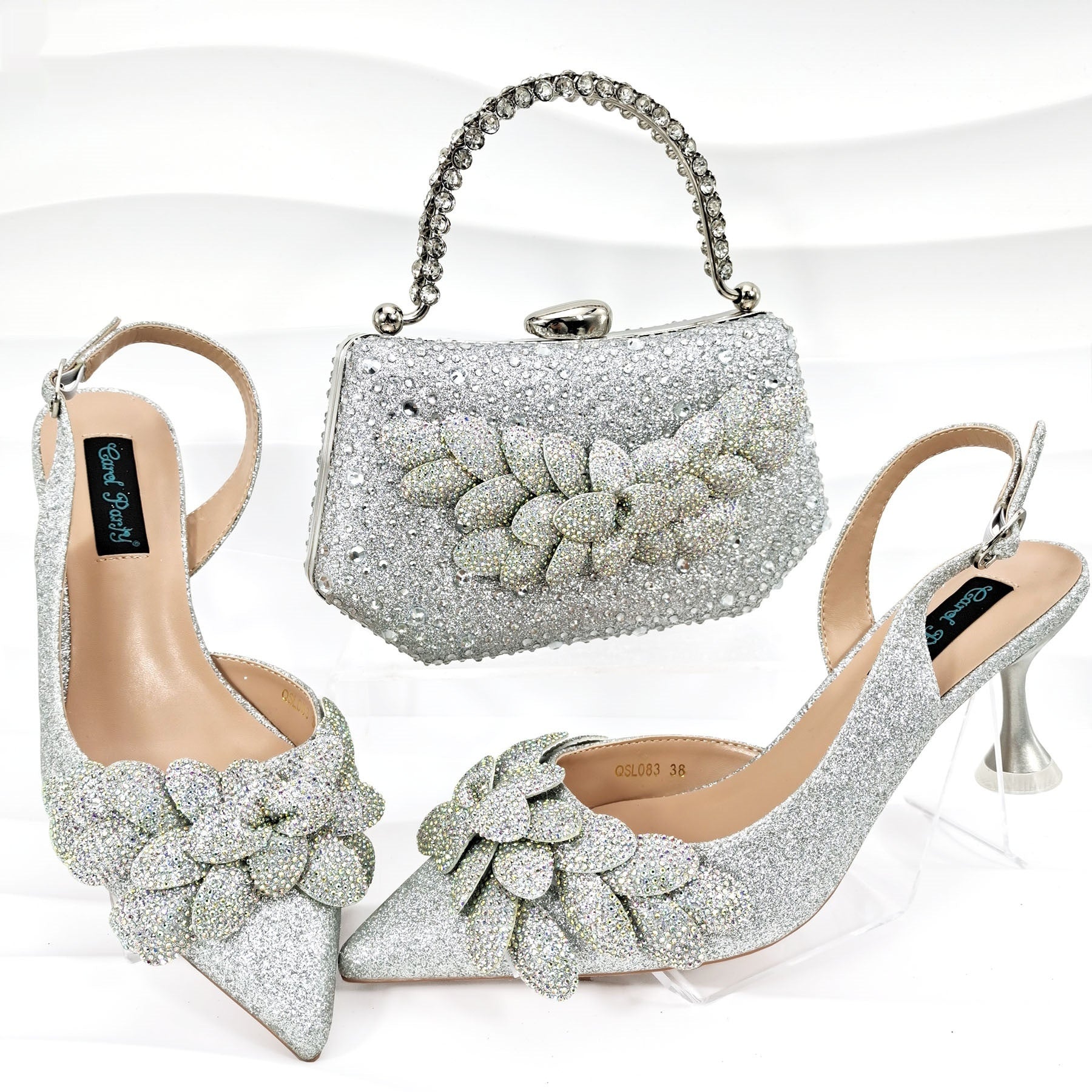 Sarah Express Rhinestone Floral Party Heels and Bag Set