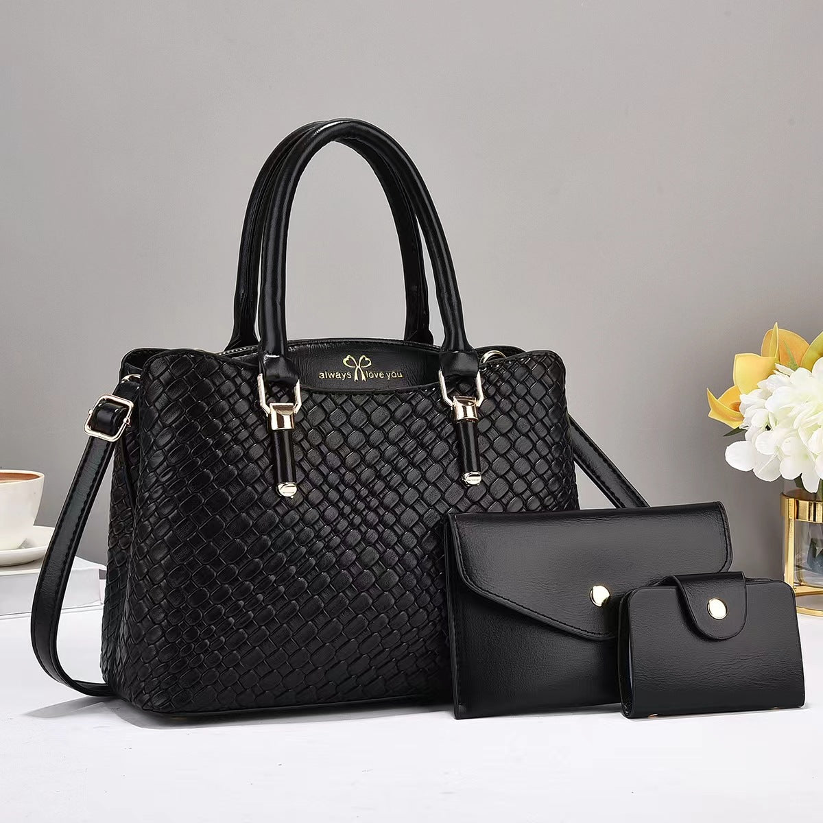 Sarah Express Woven Texture Three-Piece Handbag Set Black