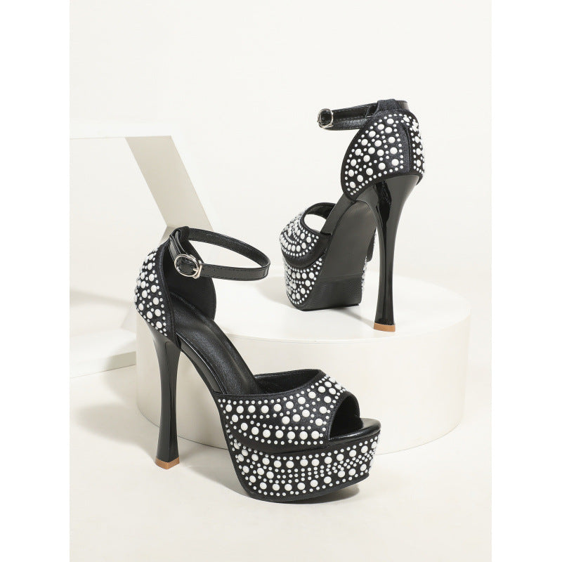 Sarah Express Waterproof Platform Pearl Ankle Strap Heels