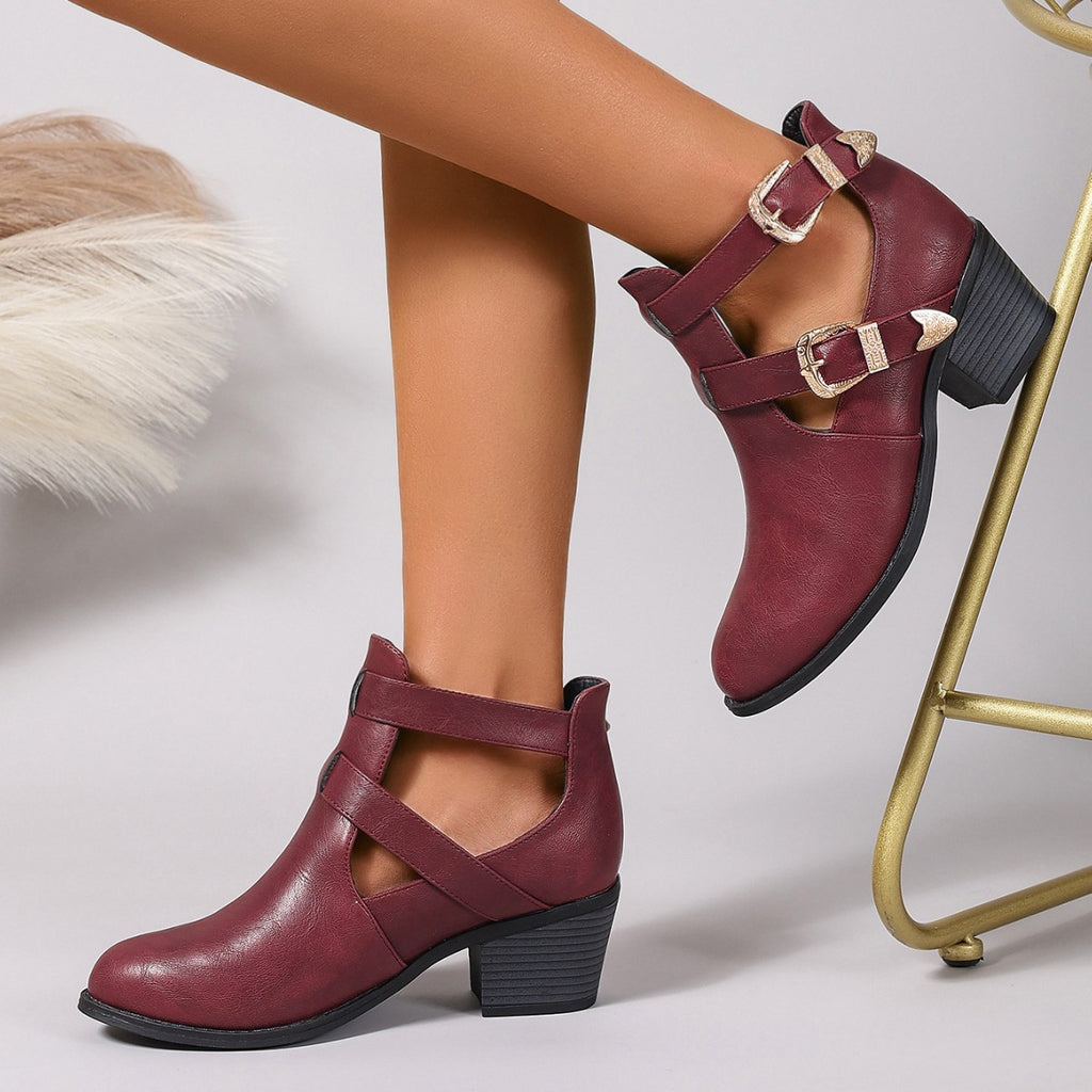 Sarah Express Wine Red Punk Style Buckle Ankle Boots