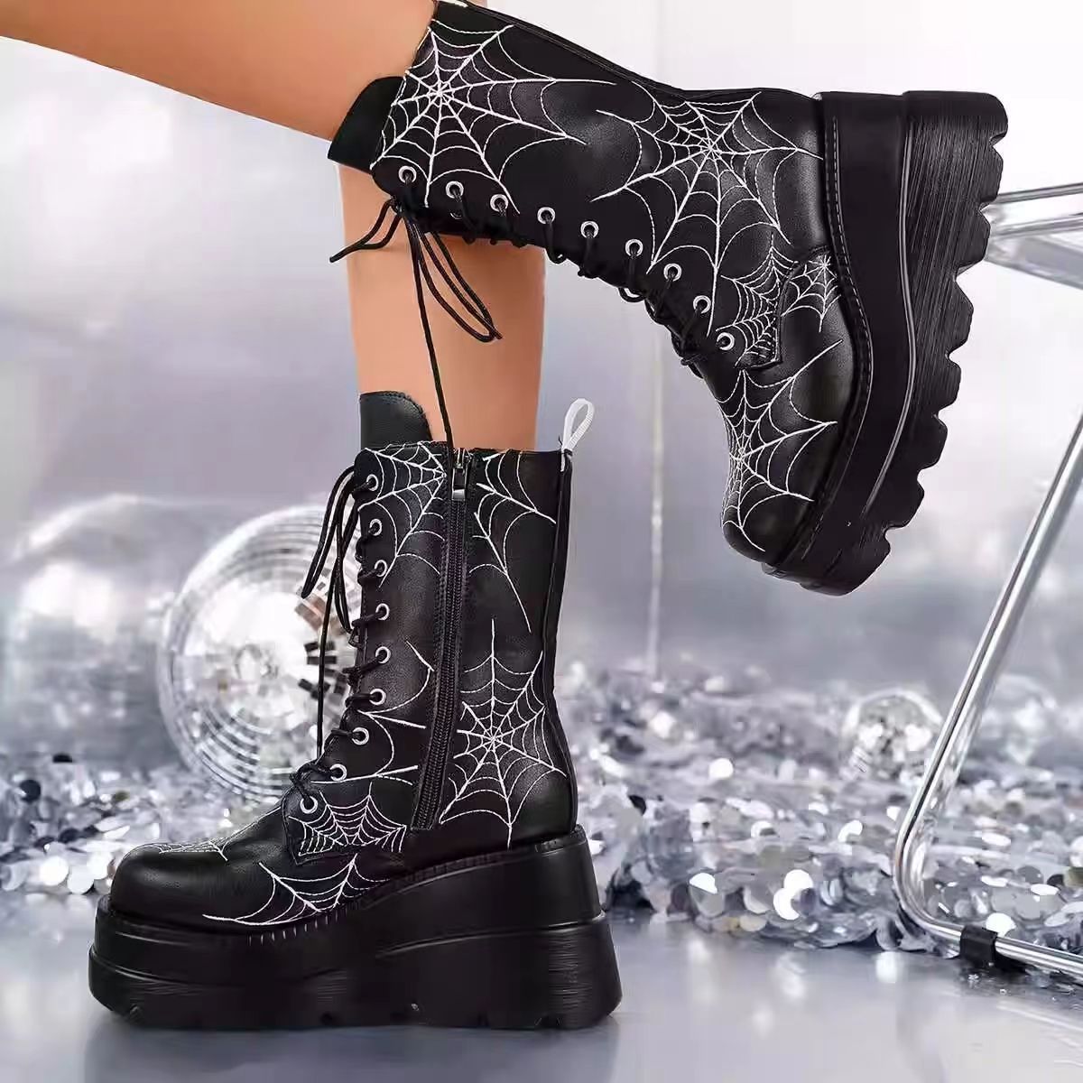 Sarah Express Spiderweb Wedge Mid-Calf Platform Boots