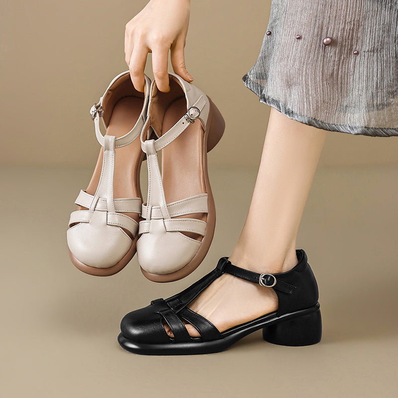 Sarah Express Women's Leather T-Strap Mid-Heel Dress Shoes