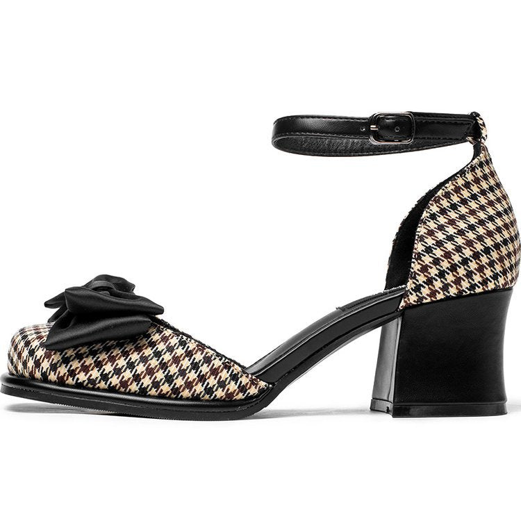 Sarah Express Plaid Bow Square Toe Block Heels