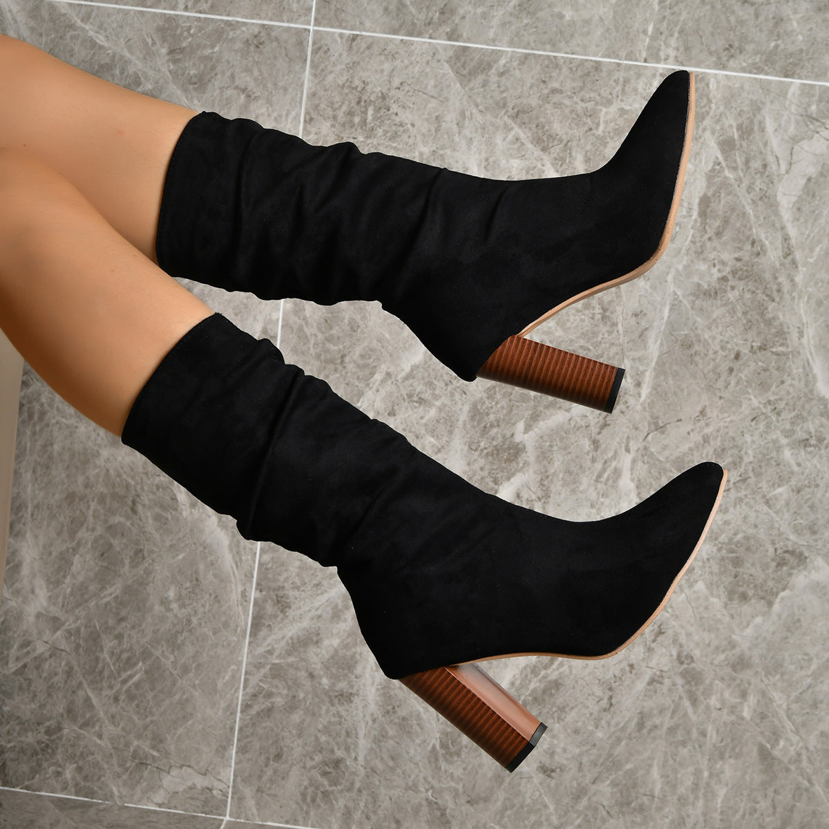 Sarah Express Pointed-Toe Mid-Calf Block Heel Boots Black