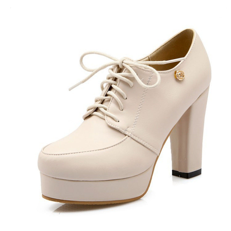 Sarah Express Women's Chunky Heel Lace-Up Platform Pumps Apricot