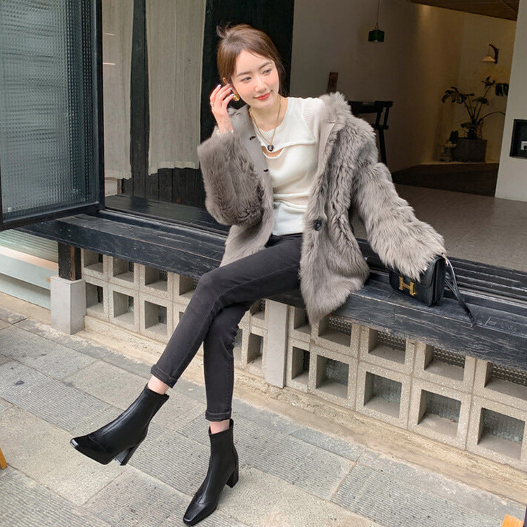 Sarah Express Square Toe Elastic Chunky Heel Boots