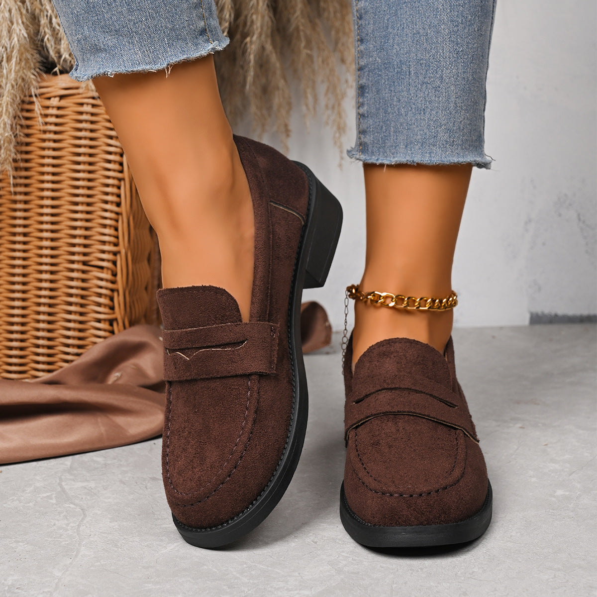 Sarah Express Women's Vintage British Style Suede Loafers Dark Brown