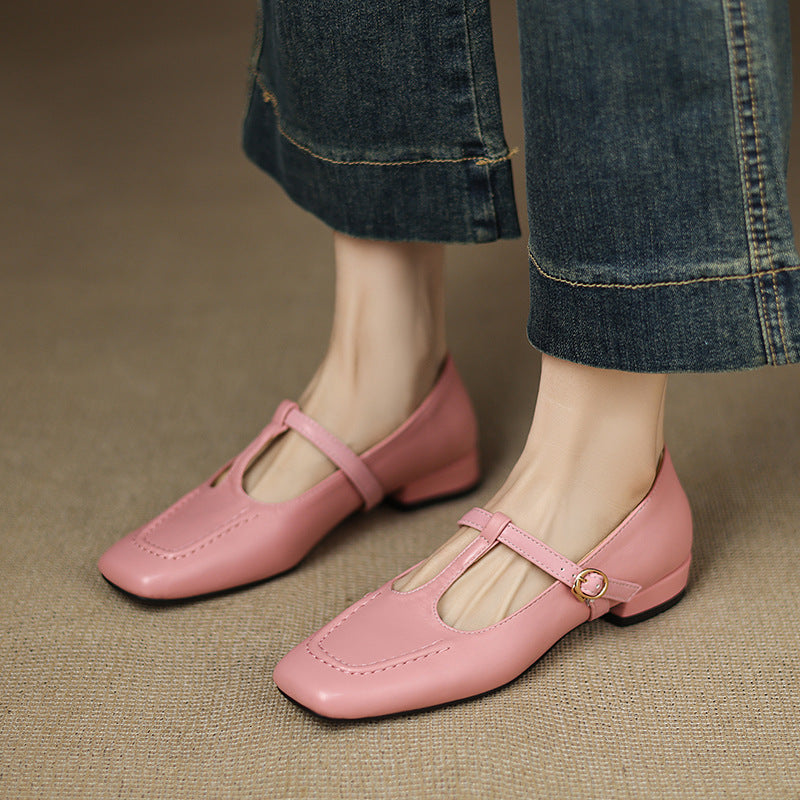Sarah Express Women's T-Strap Peep Toe Flat Pumps