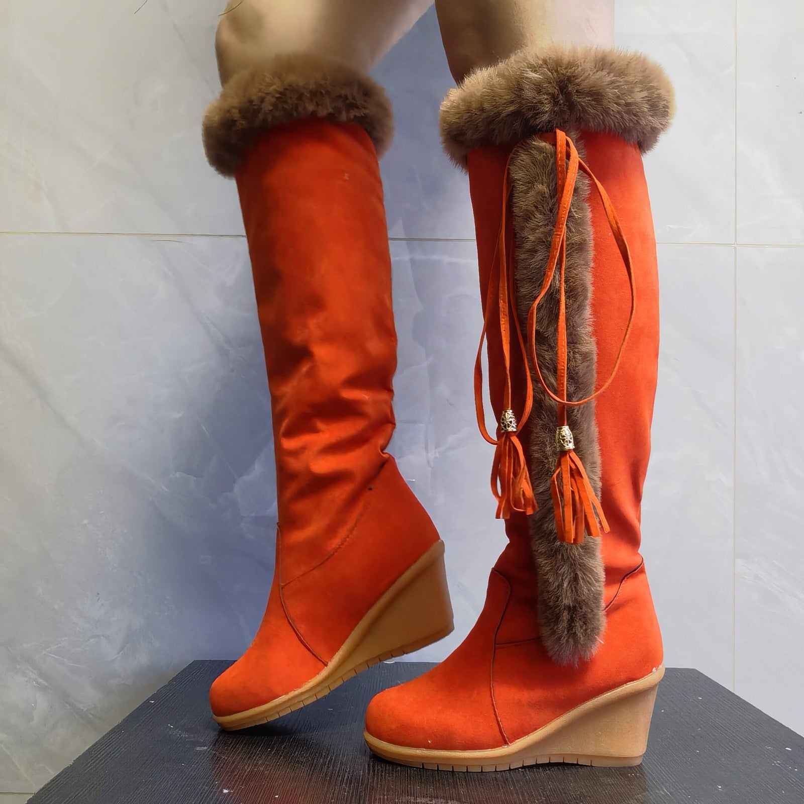 Sarah Express Women's Plush Lined Wedge Knee Boots Orange