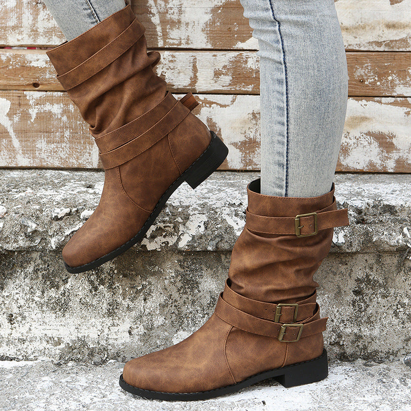 Sarah Express Vintage Buckle Combat Boots Brown