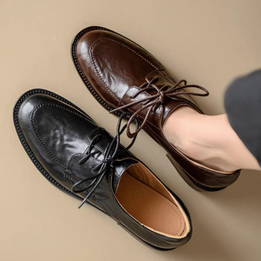 Sarah Express Round Toe Chunky Heel Leather Loafers