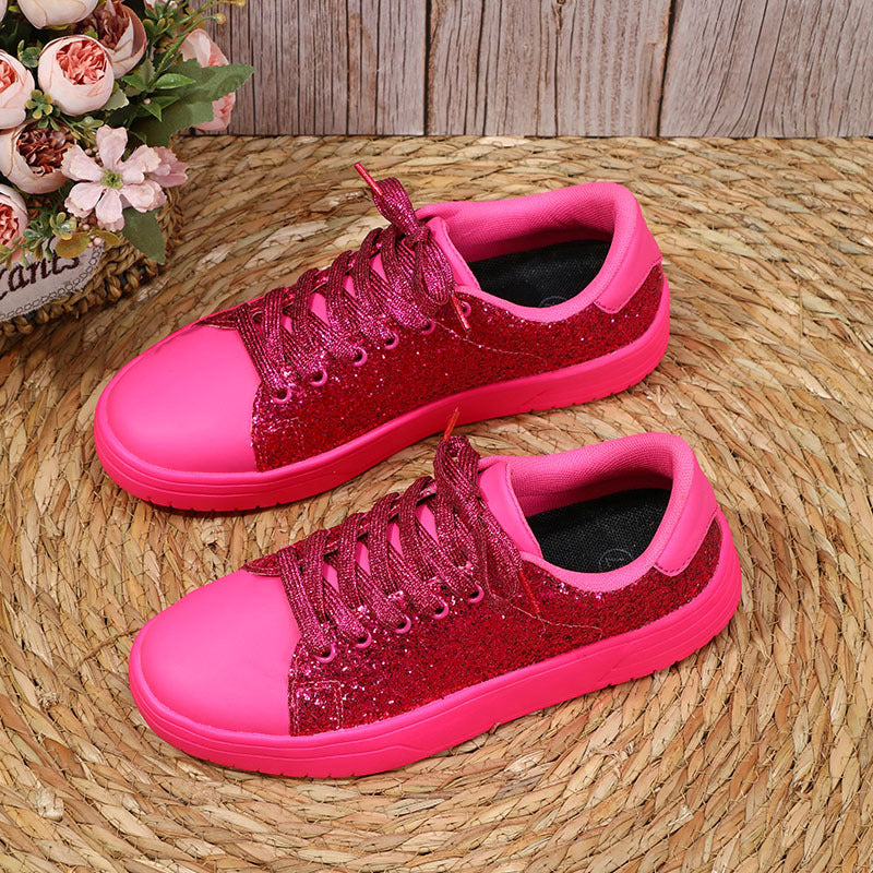 Sarah Express Glitter Sequin Lace-Up Platform Sneakers Rose Red