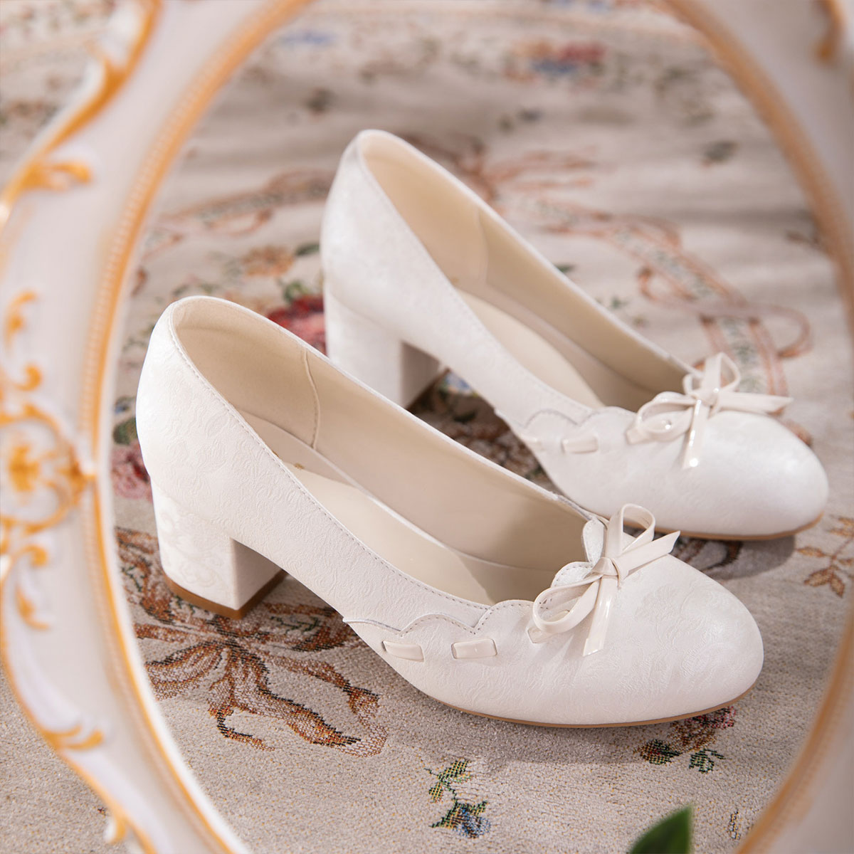 Sarah Express Ivory Jacquard Satin Bow Block Heels
