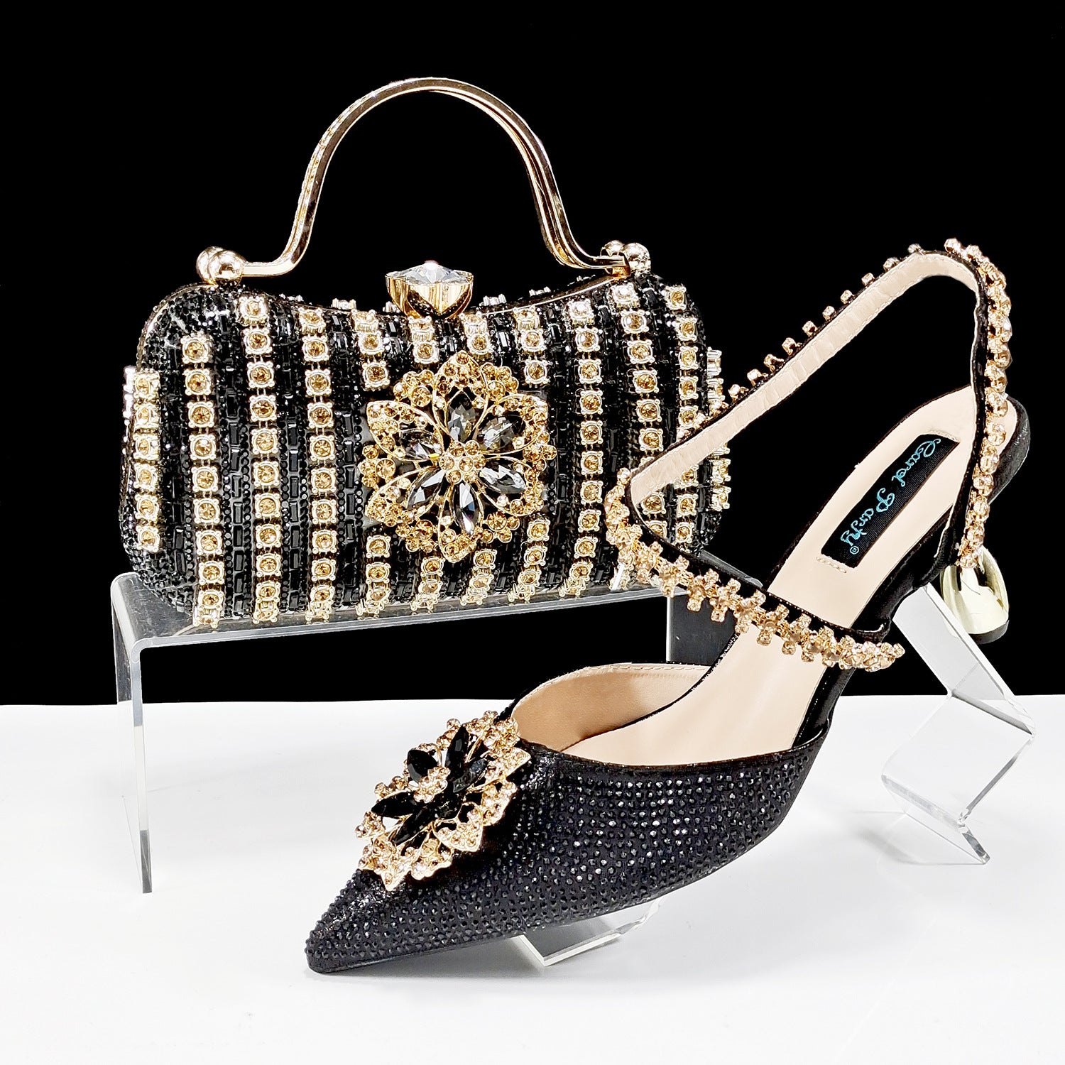 Sarah Express Rhinestone Embellished Clutch and Heel Set Black