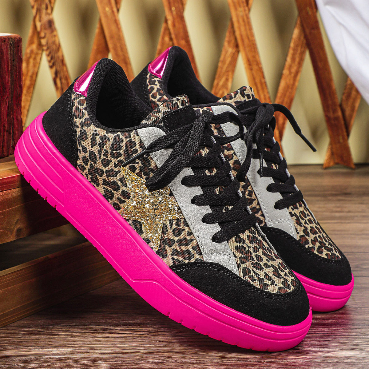 Sarah Express Leopard Print Retro Skate Sneakers Black Panther