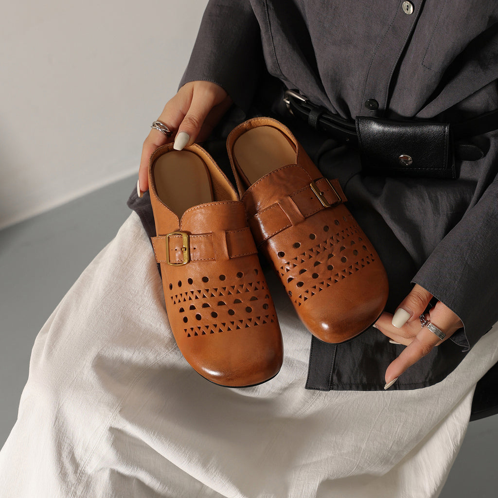 Sarah Express Perforated Cowhide Buckle Flat Mules