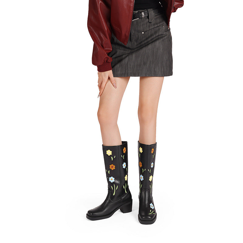 Sarah Express Women's Floral Embroidered Mid-Calf Western Boots