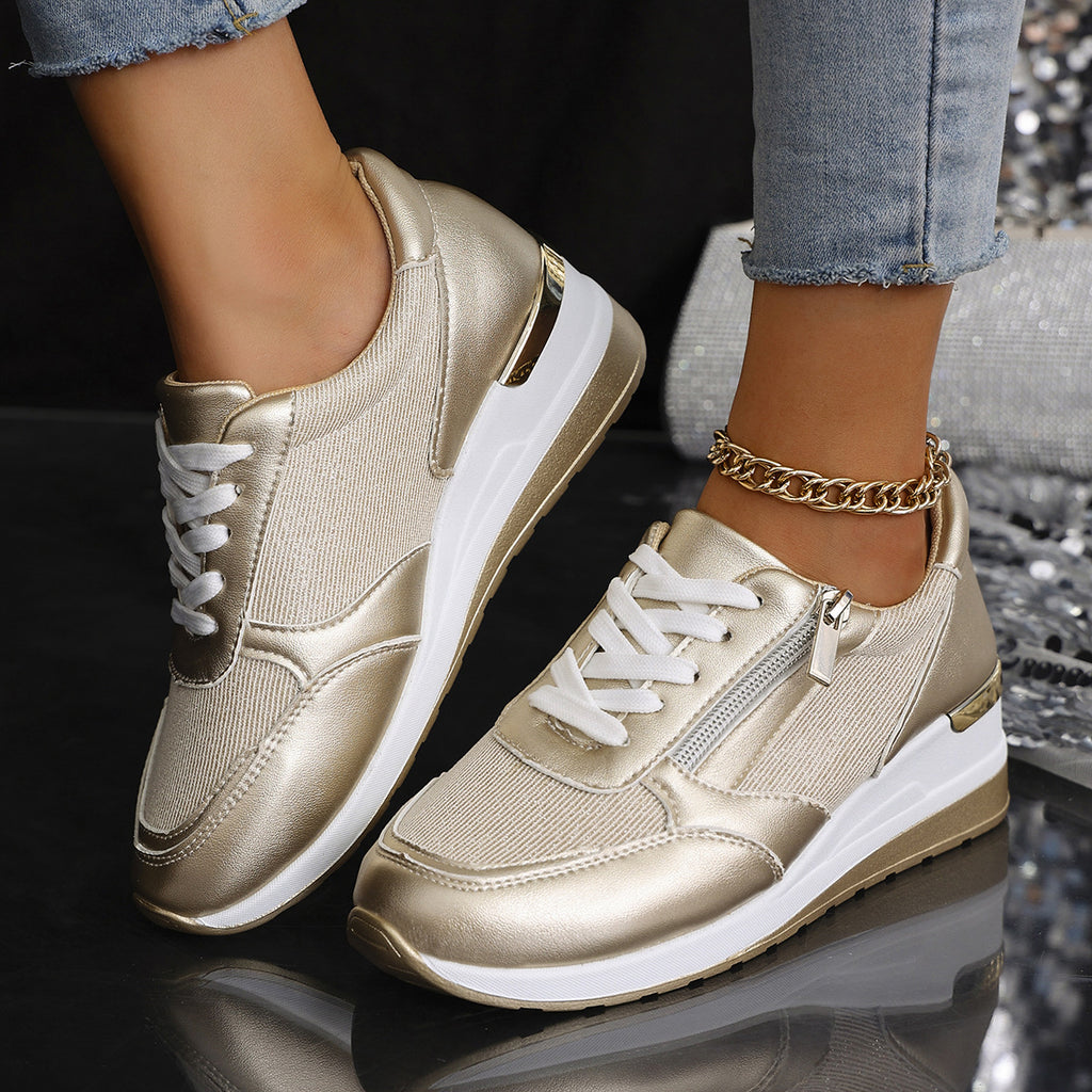 Sarah Express Women's Side Zipper Casual Wedge Sneakers Gold