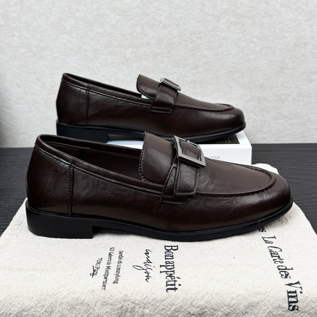 Sarah Express Round-Toe Metal Buckle Slip-On Flats Brown