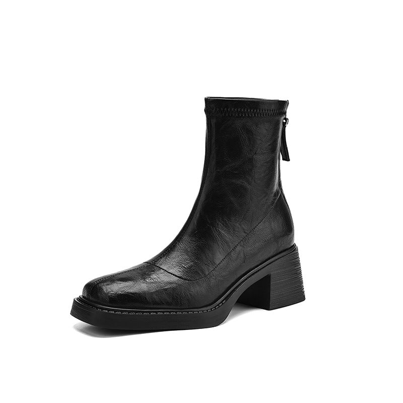 Sarah Express Chunky Heel Square Toe Ankle Boots Black Single Liner
