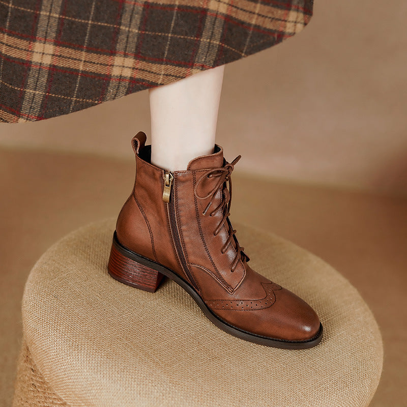 Sarah Express Retro Cowhide Leather Chunky Ankle Boots