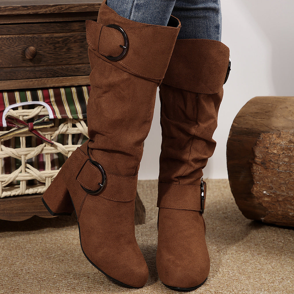 Sarah Express Suede Pointed Toe Chunky Heel Boots