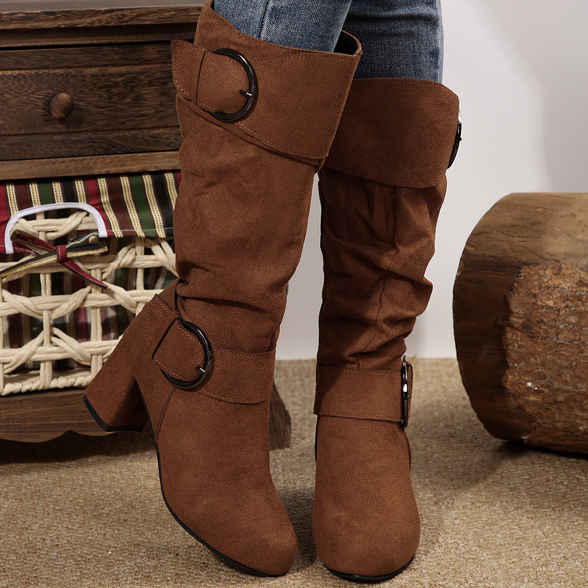Sarah Express Suede Pointed Toe Chunky Heel Boots