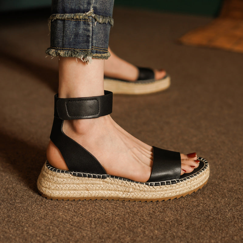 Sarah Express Braided Leather Vintage Wedge Sandals Black