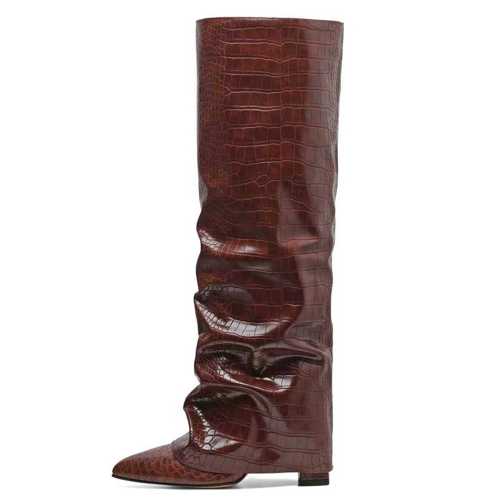 Sarah Express Chunky Heel Pointed Toe Over-the-Knee Boots Brown