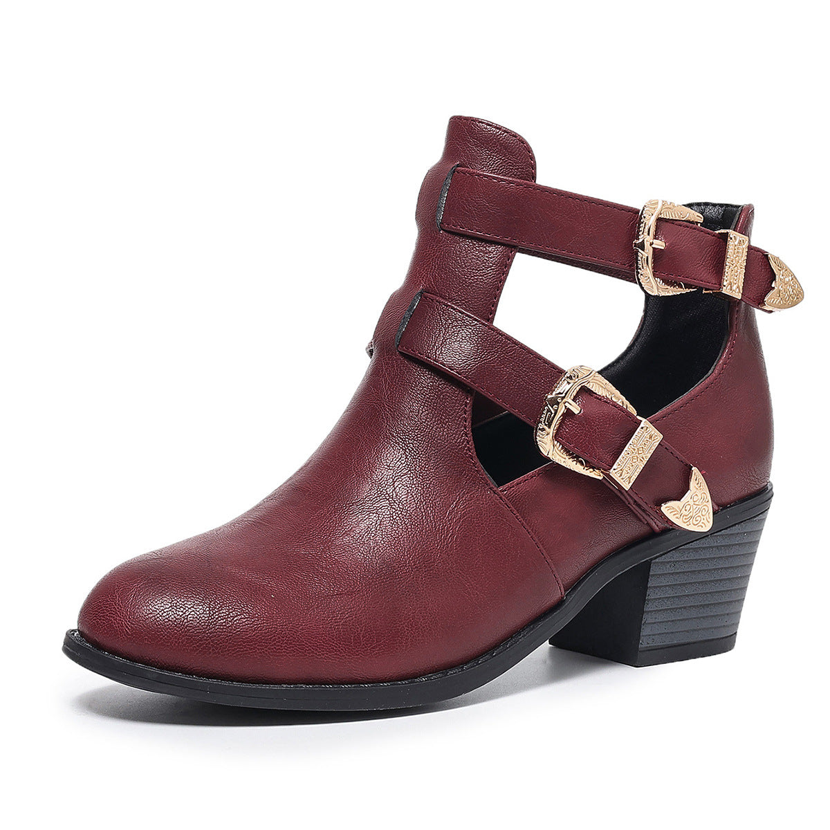 Sarah Express Wine Red Punk Style Buckle Ankle Boots