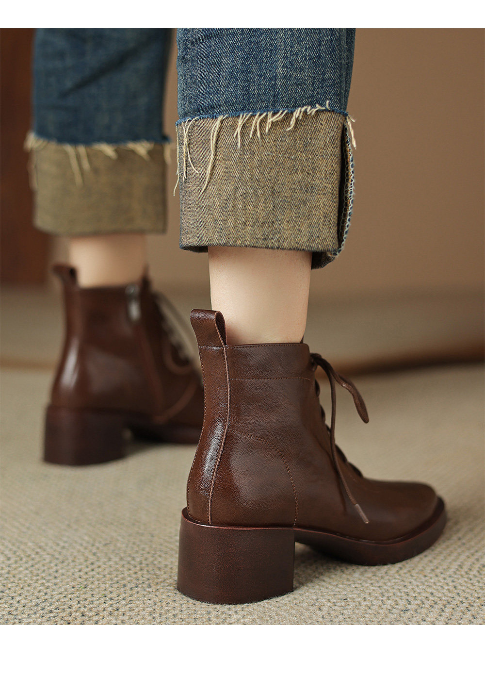 Sarah Express Retro Leather Lace-Up Ankle Boots