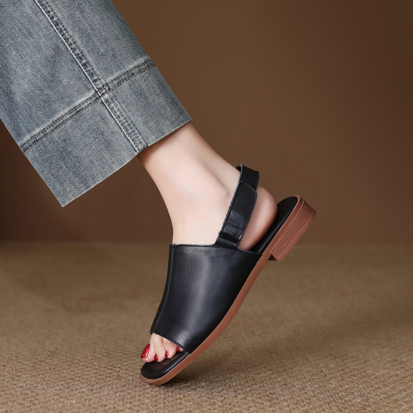 Sarah Express First-Layer Cowhide Peep-Toe Slingback Sandals