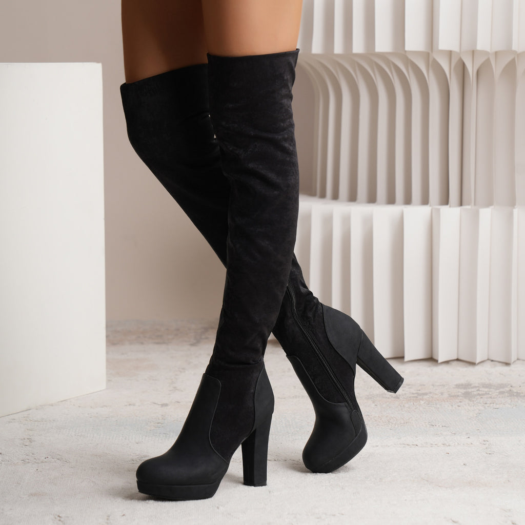 Sarah Express Suede Over-the-Knee Square Heel Boots Black