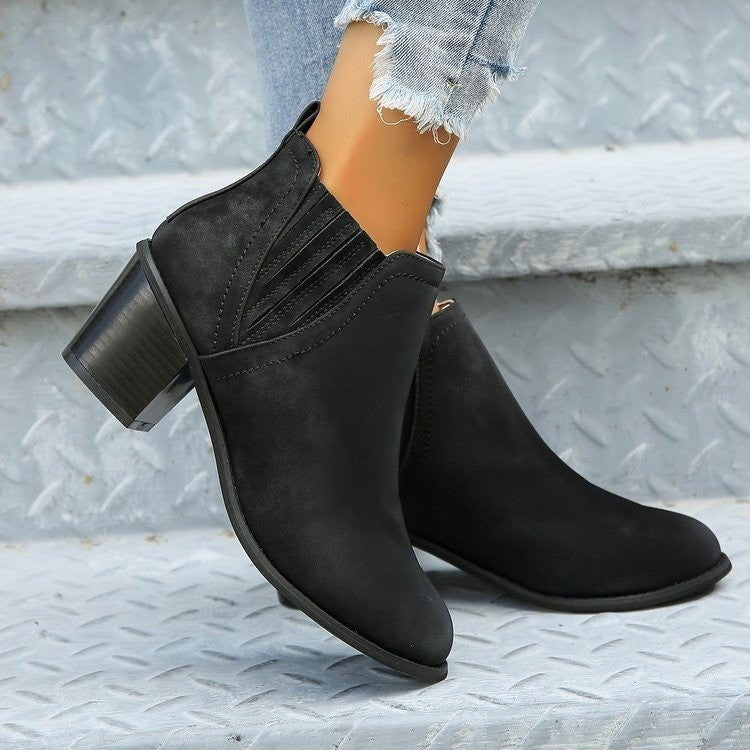 Sarah Express Pointed Toe Thick Heel Ankle Boots Black