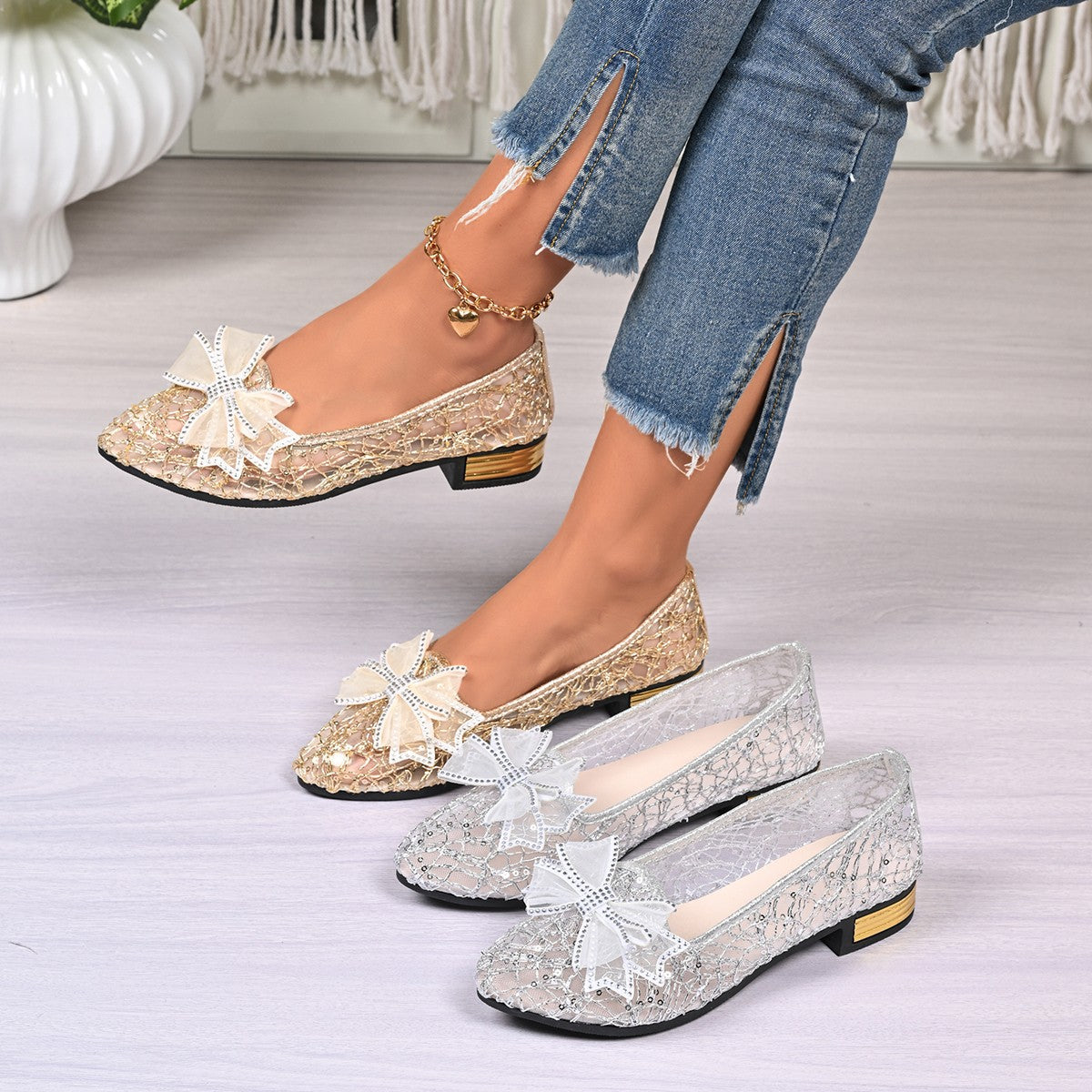 Sarah Express Women's Pointed Toe Mesh Bow Heels – Breathable Slip-On Chunky Low Heel Dress Shoes