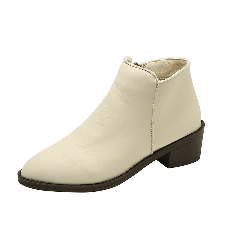 Sarah Express Pointed Toe Side Zipper Ankle Boots Beige white
