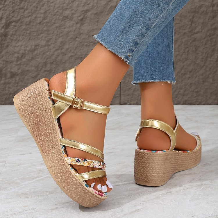 Sarah Express Gold Roman Slip-On Platform Sandals