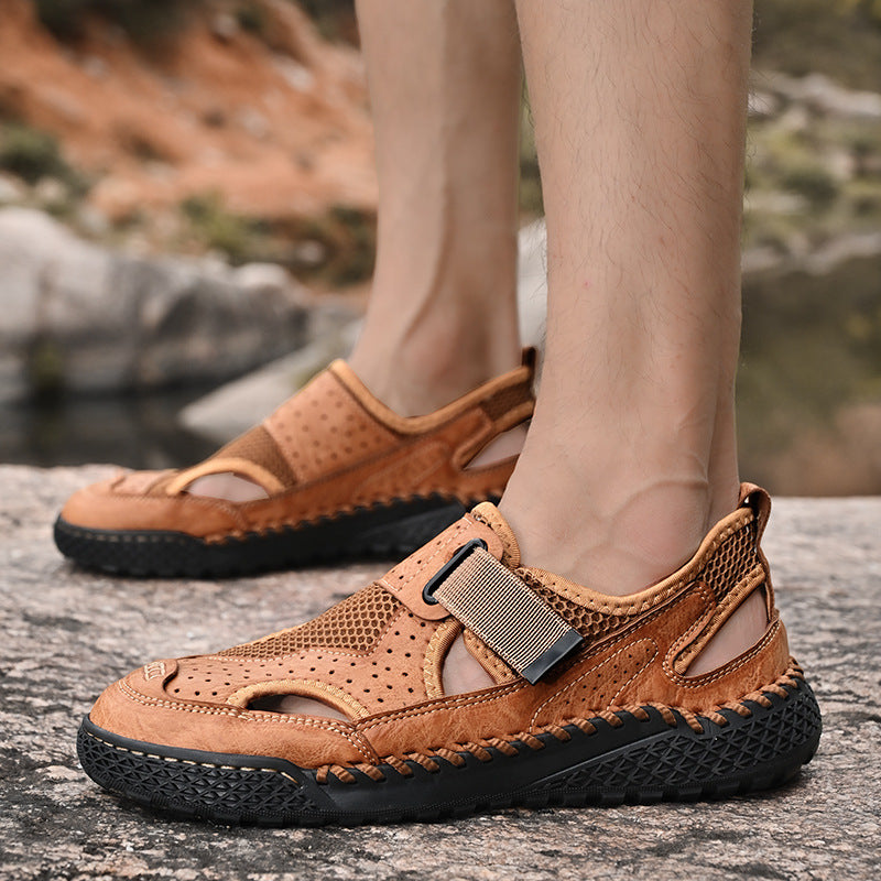 Sarah Express Men's Breathable Leather Mesh Closed-Toe Sandals