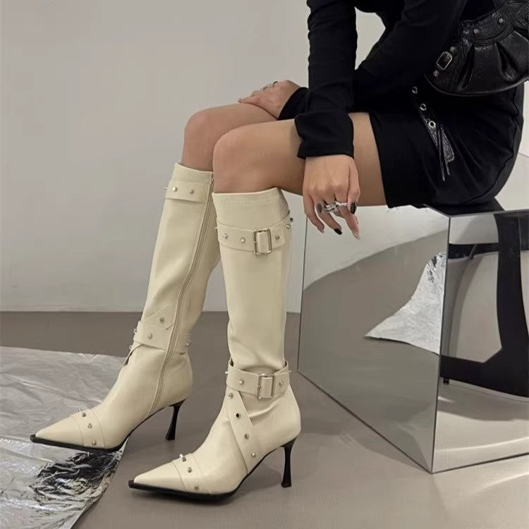 Sarah Express Belt-Buckle Rivet Slim Heel Long Boots