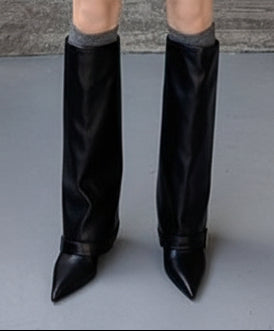 Sarah Express Pointed Toe High Heel Buckle Boots Black Matte