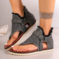 Sarah Express Denim Studded Thong Sandals With Zipper Grey