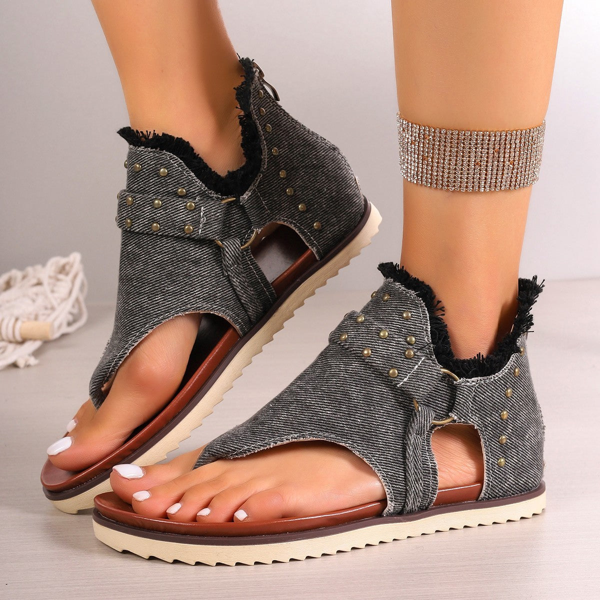 Sarah Express Denim Studded Thong Sandals With Zipper Grey