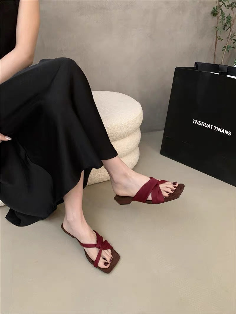 Women French Unique Design Block Heel Slide Sandals, 2026 New Summer Square Toe Open Toe Mid Heel Outdoor Slippers – product detail alternate view 6