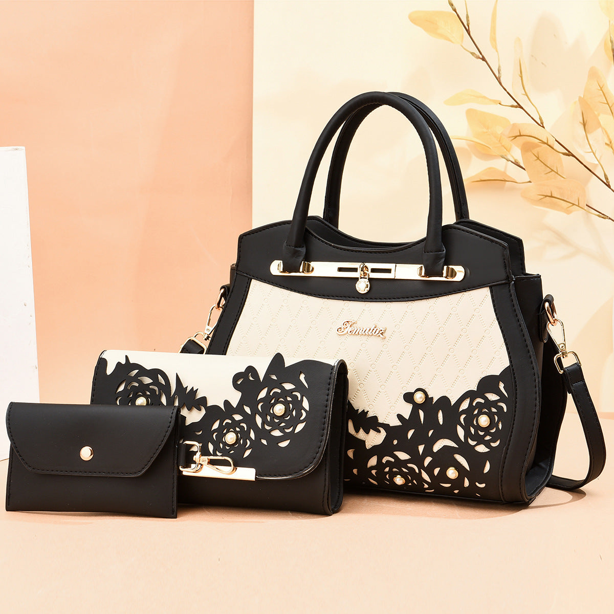 Sarah Express Floral Pattern Three-Piece Handbag Set Black