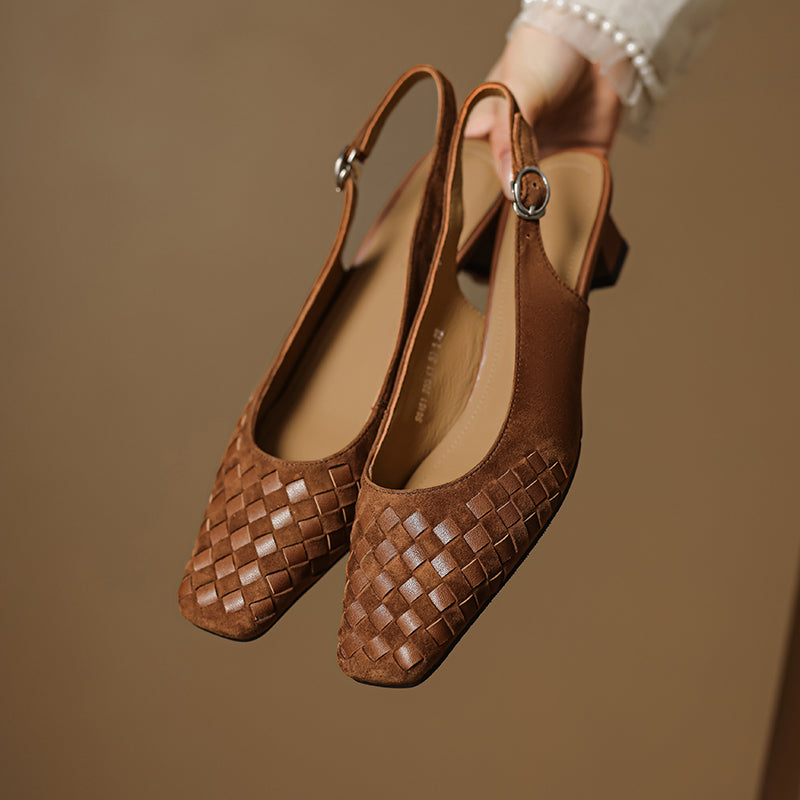 Sarah Express Woven Suede Slingback Block Heel Sandals