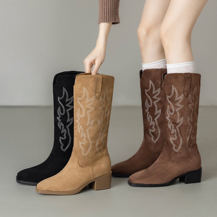 Sarah Express Retro Embroidered Western Square Toe Boots