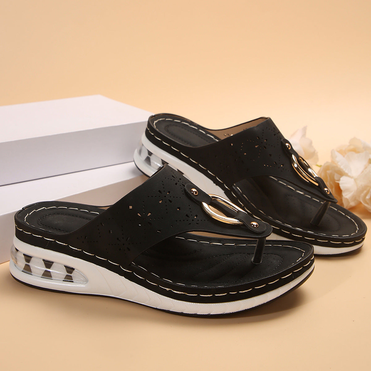 Sarah Express Air Cushion Wedge Thong Sandals Black